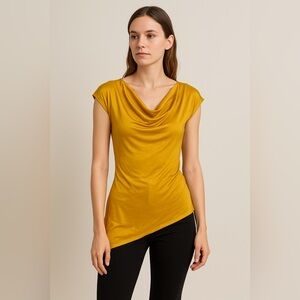 ✨💛 VTG Cache Mustard Silk Cowl‎ Neck Asymmetric Tunic Top Sz M 💛✨